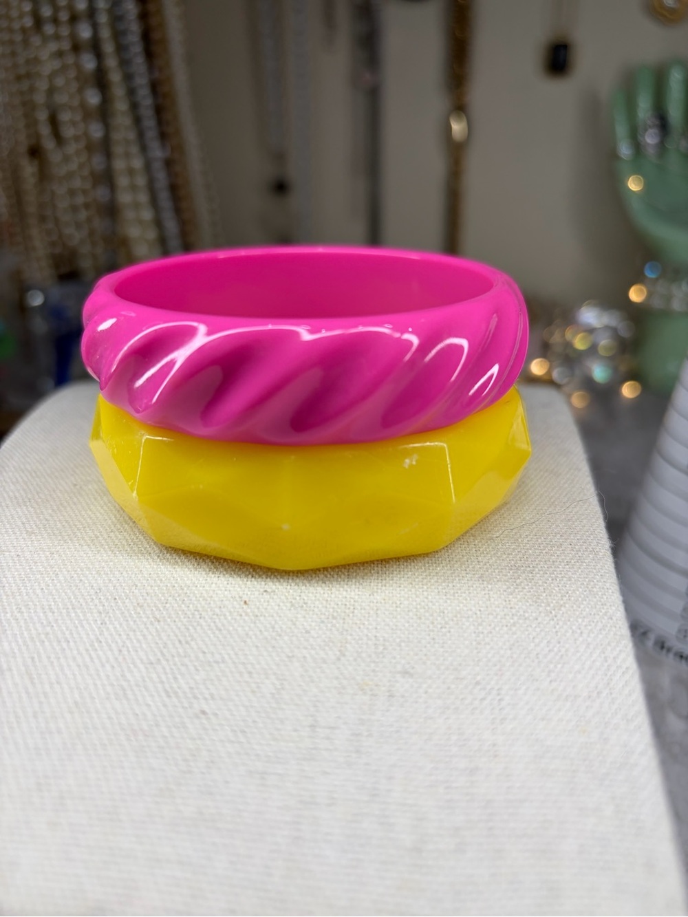 Vintage Acrylic Bangles Set 2 Pink Yellow Chunky Jewelry Retro Stack Bright